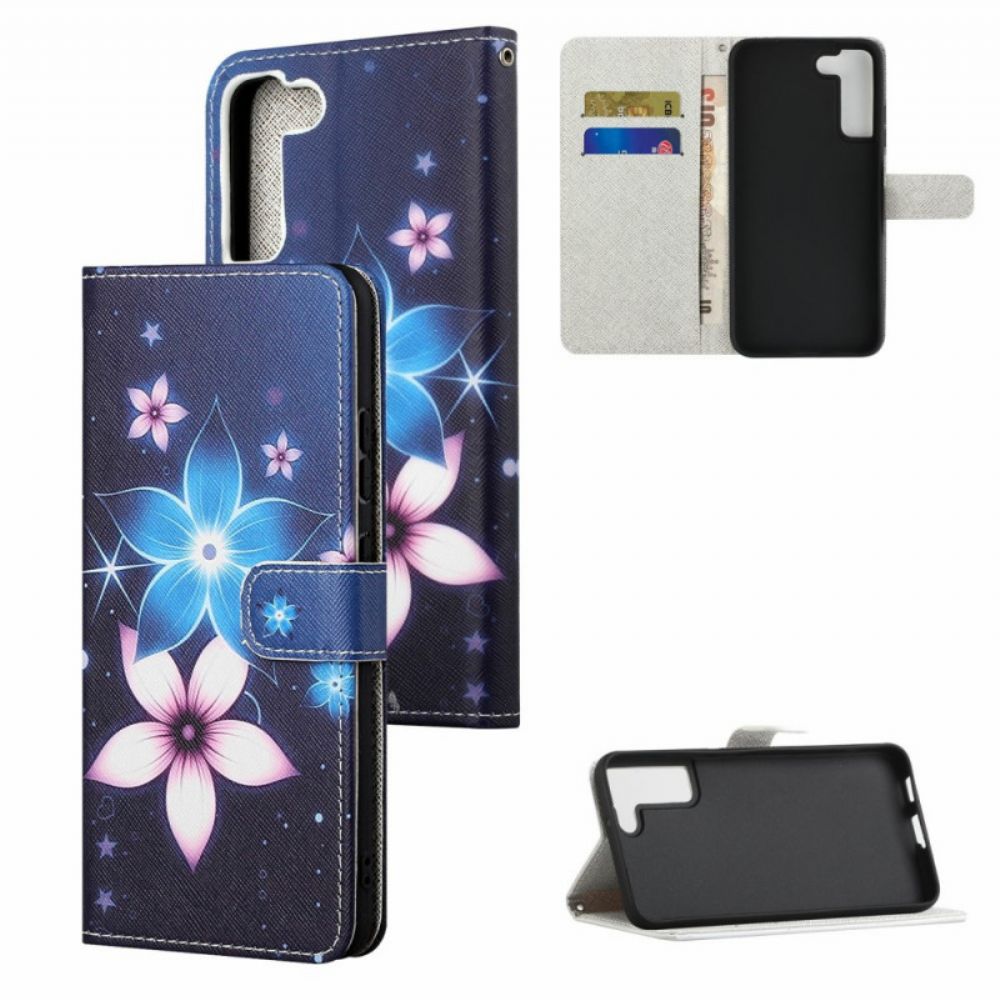 Flip Case voor Samsung Galaxy S22 Plus 5G Met Ketting Maanband Bloemen