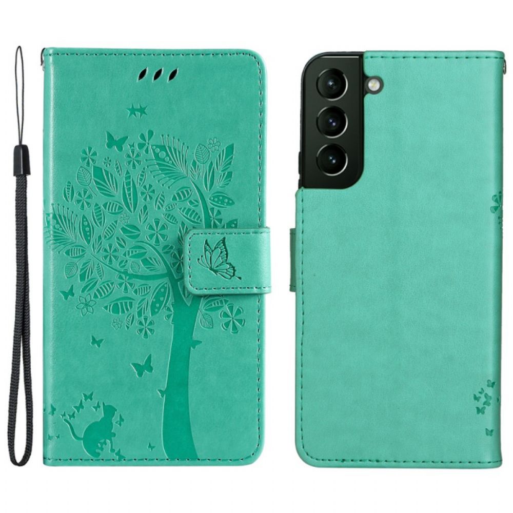 Folio-hoesje voor Samsung Galaxy S22 Plus 5G Met Ketting Boom En Kat Met Bandjes