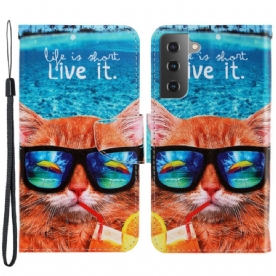 Folio-hoesje voor Samsung Galaxy S22 Plus 5G Met Ketting Cat Live It Strappy