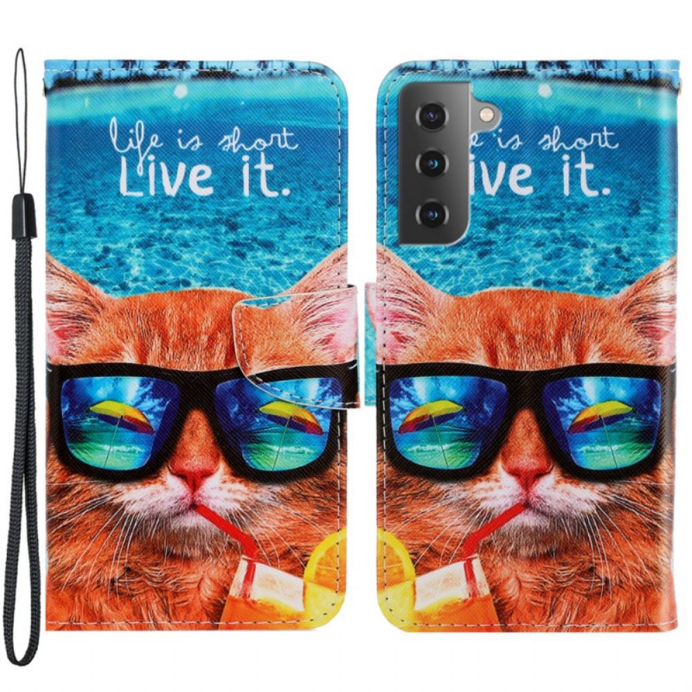 Folio-hoesje voor Samsung Galaxy S22 Plus 5G Met Ketting Cat Live It Strappy