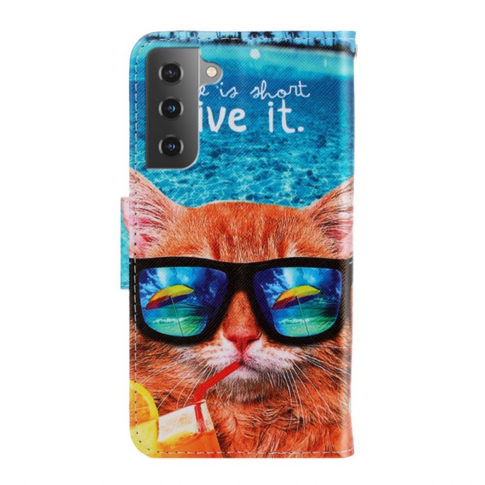 Folio-hoesje voor Samsung Galaxy S22 Plus 5G Met Ketting Cat Live It Strappy