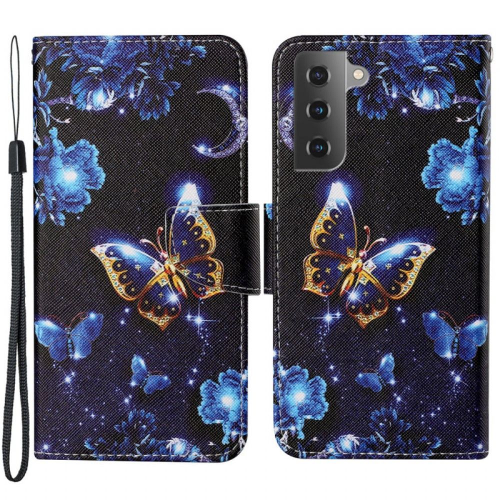 Folio-hoesje voor Samsung Galaxy S22 Plus 5G Met Ketting Kostbare Vlinders Met Riem