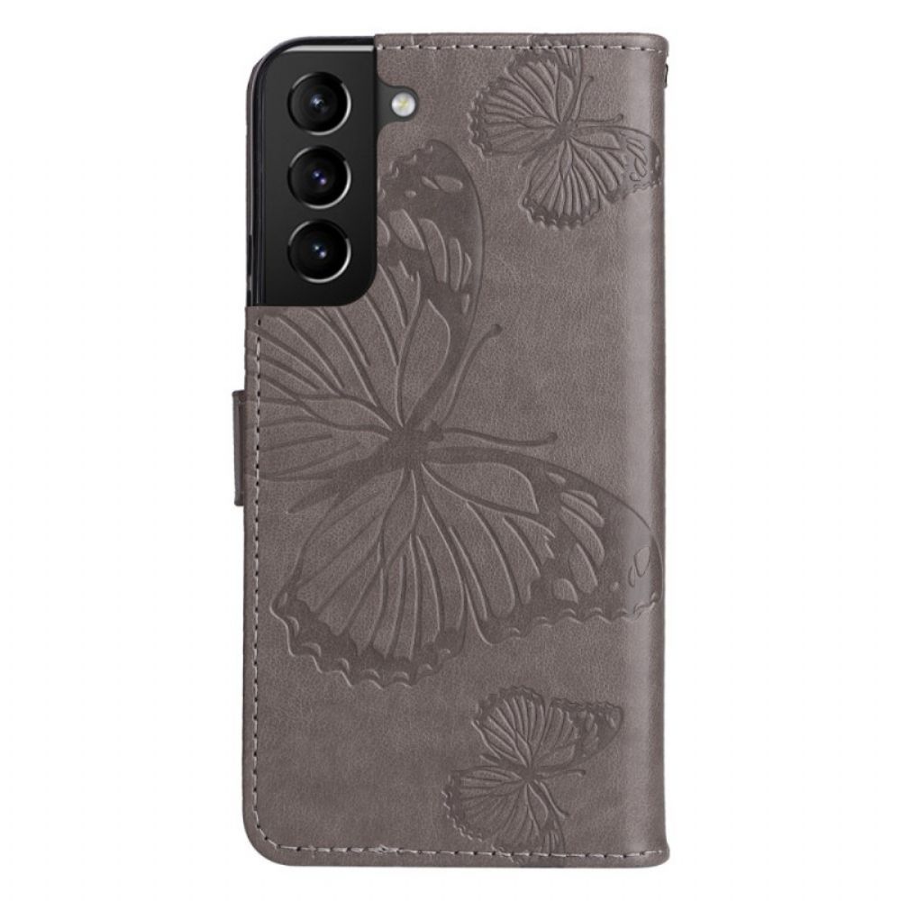 Folio-hoesje voor Samsung Galaxy S22 Plus 5G Met Ketting Reusachtige Vlinders Met Bandjes