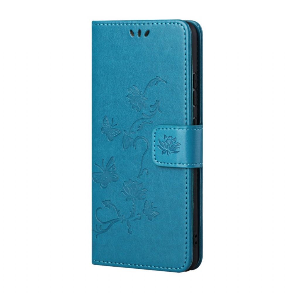 Folio-hoesje voor Samsung Galaxy S22 Plus 5G Met Ketting Thong Vlinders En Bloemen