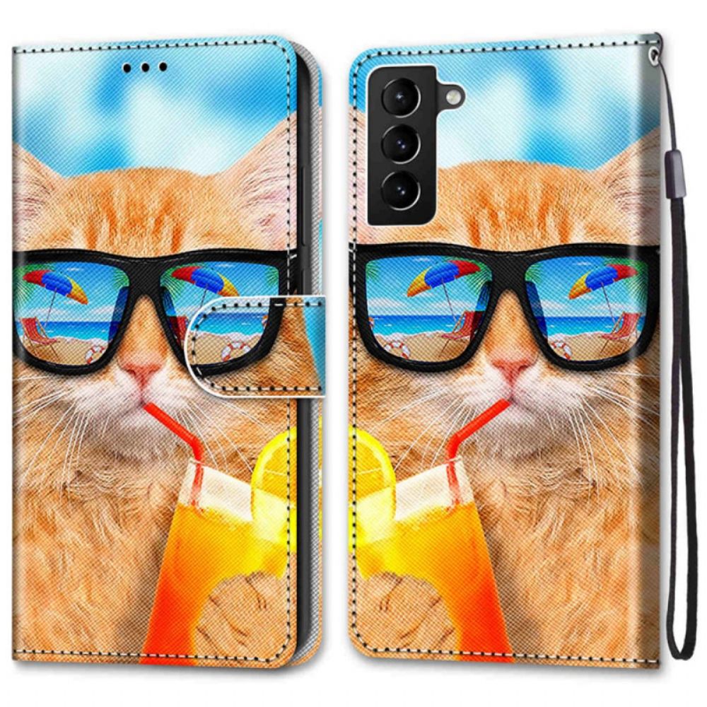 Folio-hoesje voor Samsung Galaxy S22 Plus 5G Met Ketting Thong Zon Kat