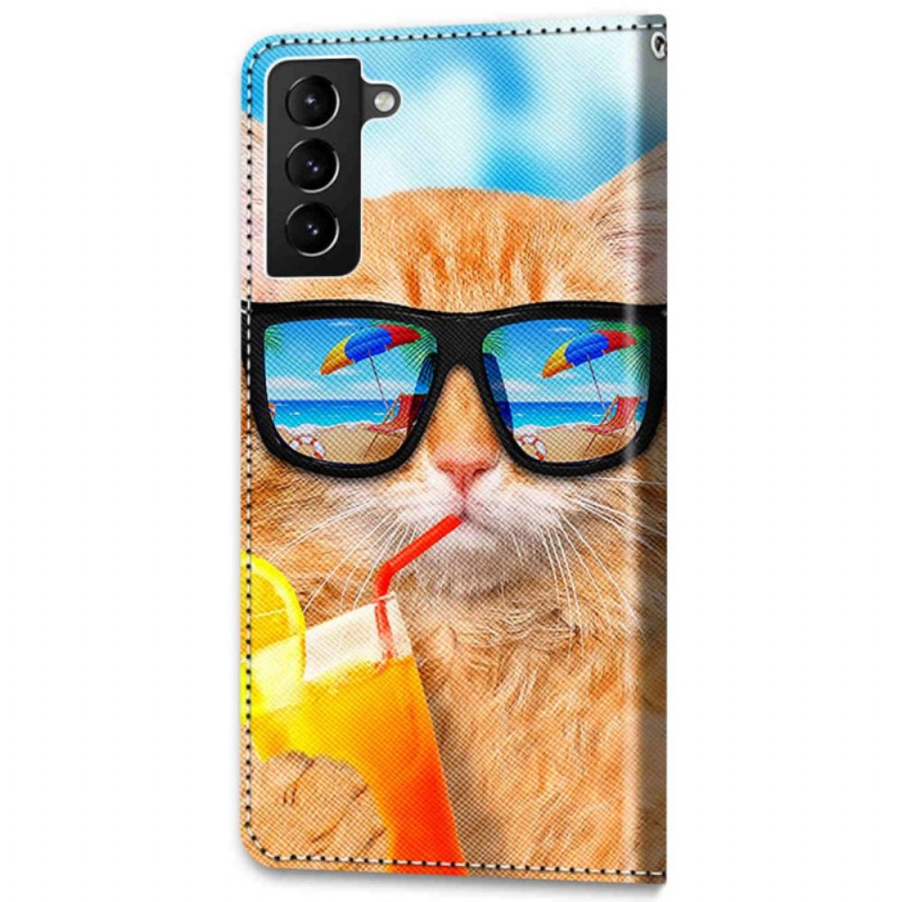 Folio-hoesje voor Samsung Galaxy S22 Plus 5G Met Ketting Thong Zon Kat