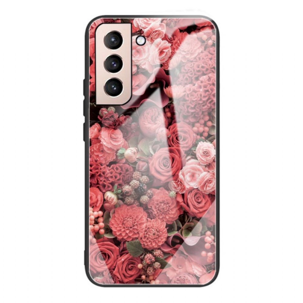 Hoesje voor Samsung Galaxy S22 Plus 5G Gehard Glas Roze Bloemen