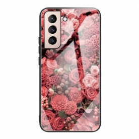 Hoesje voor Samsung Galaxy S22 Plus 5G Gehard Glas Roze Bloemen