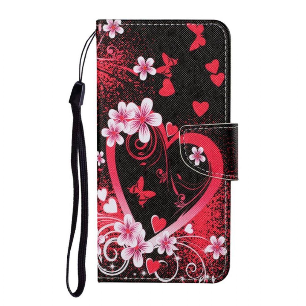 Leren Hoesje voor Samsung Galaxy S22 Plus 5G Bloemen En Harten Met Lanyard