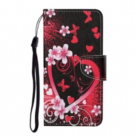 Leren Hoesje voor Samsung Galaxy S22 Plus 5G Bloemen En Harten Met Lanyard