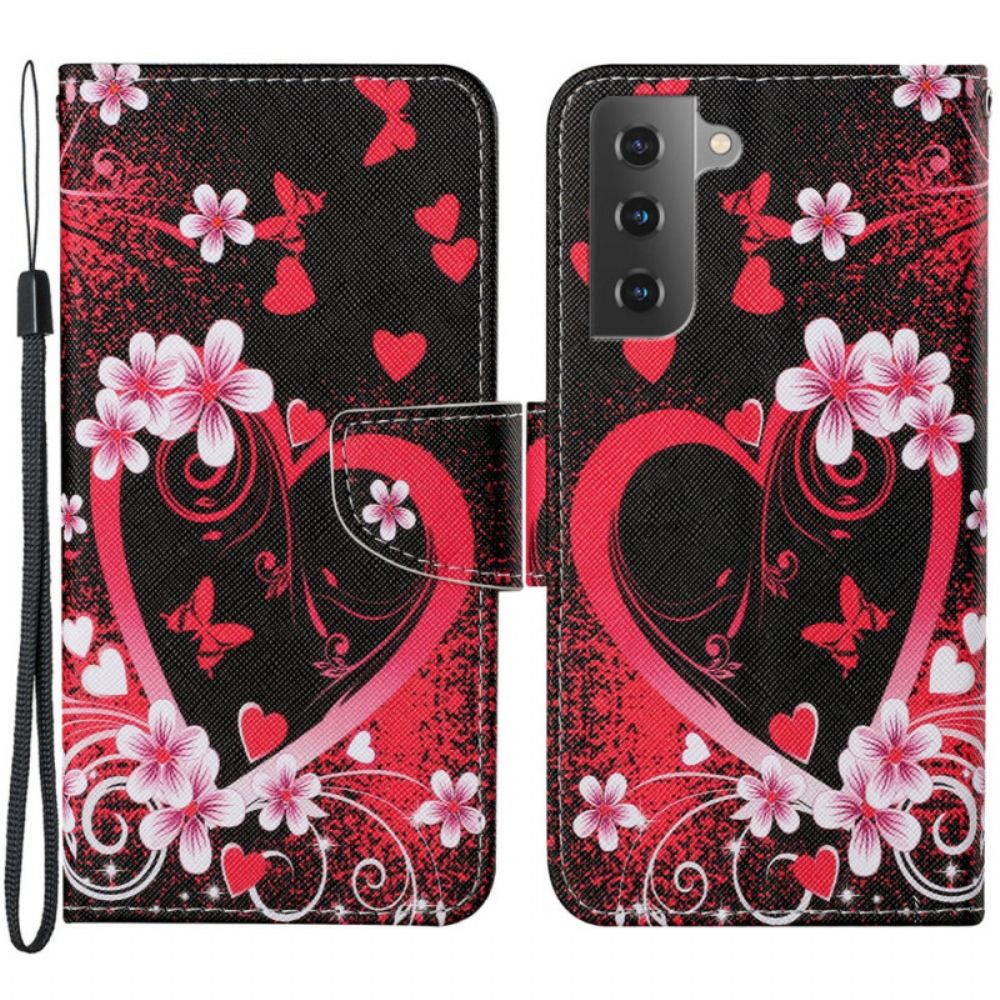 Leren Hoesje voor Samsung Galaxy S22 Plus 5G Bloemen En Harten Met Lanyard