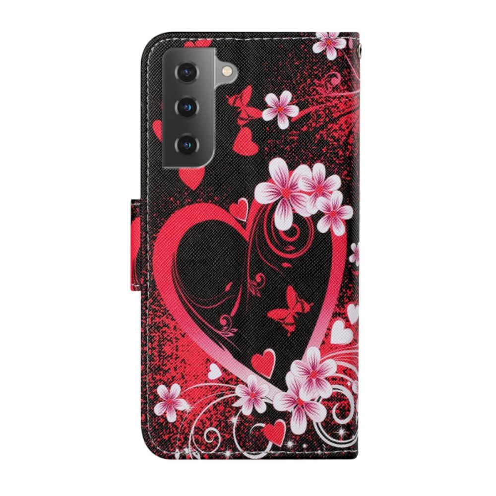 Leren Hoesje voor Samsung Galaxy S22 Plus 5G Bloemen En Harten Met Lanyard