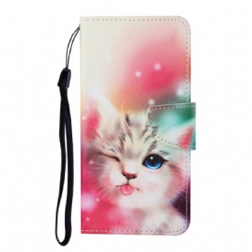 Leren Hoesje voor Samsung Galaxy S22 Plus 5G Koninklijke Kat Met Lanyard