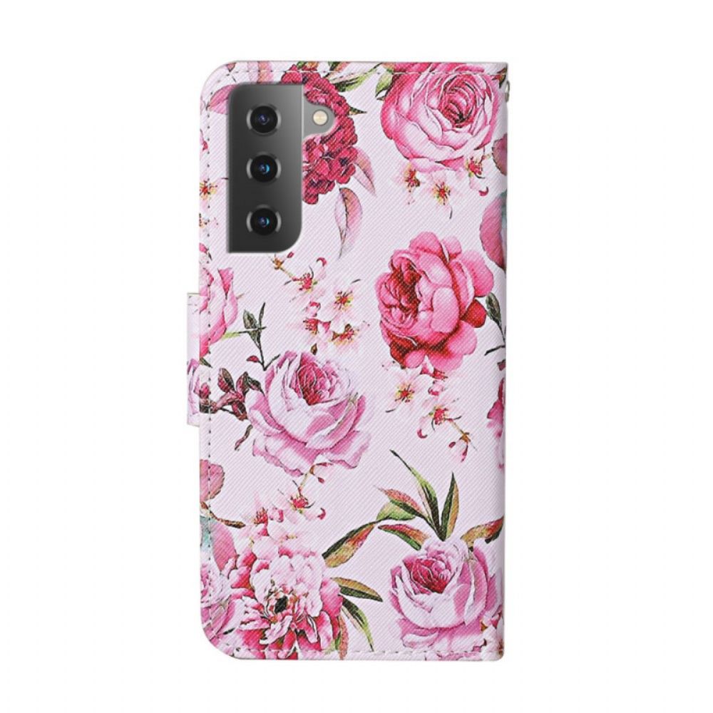 Leren Hoesje voor Samsung Galaxy S22 Plus 5G Meesterlijke Bloemen Met Riem