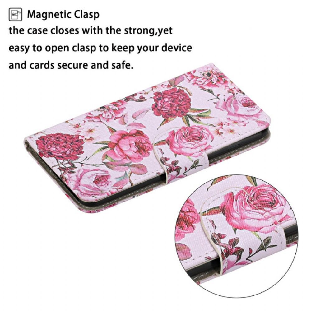 Leren Hoesje voor Samsung Galaxy S22 Plus 5G Meesterlijke Bloemen Met Riem