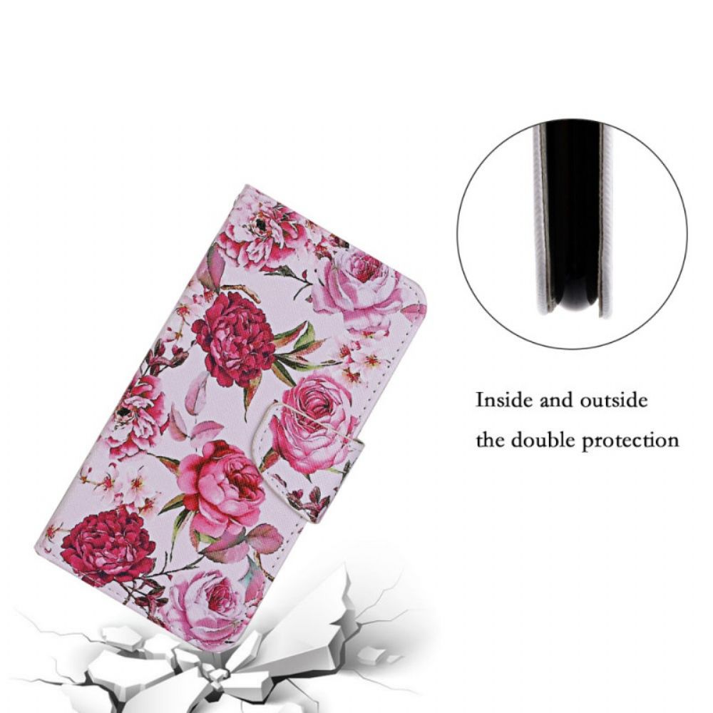 Leren Hoesje voor Samsung Galaxy S22 Plus 5G Meesterlijke Bloemen Met Riem