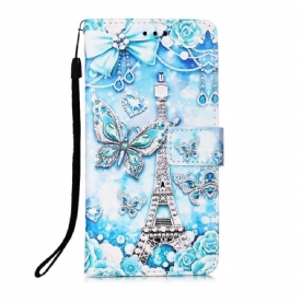 Leren Hoesje voor Samsung Galaxy S22 Plus 5G Met Ketting Eiffeltoren Vlinders Met Riem