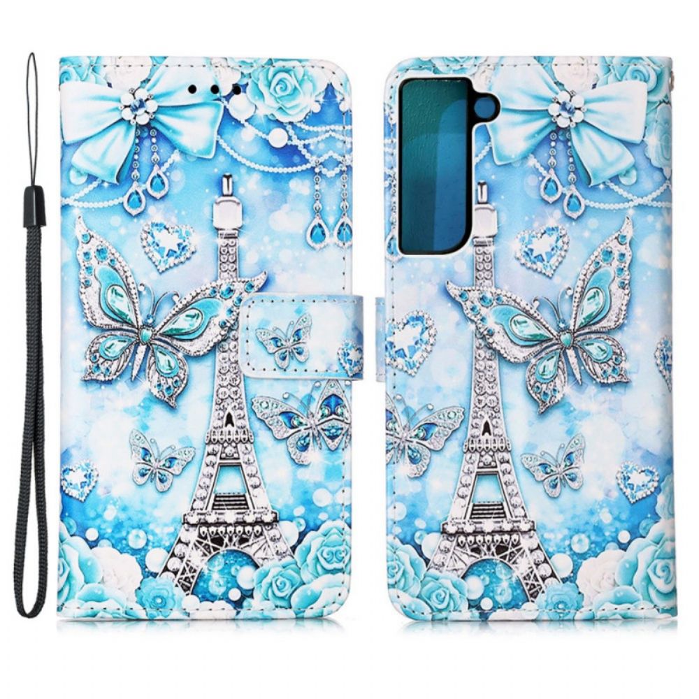 Leren Hoesje voor Samsung Galaxy S22 Plus 5G Met Ketting Eiffeltoren Vlinders Met Riem