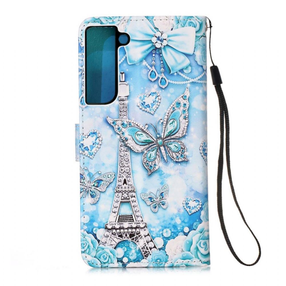 Leren Hoesje voor Samsung Galaxy S22 Plus 5G Met Ketting Eiffeltoren Vlinders Met Riem