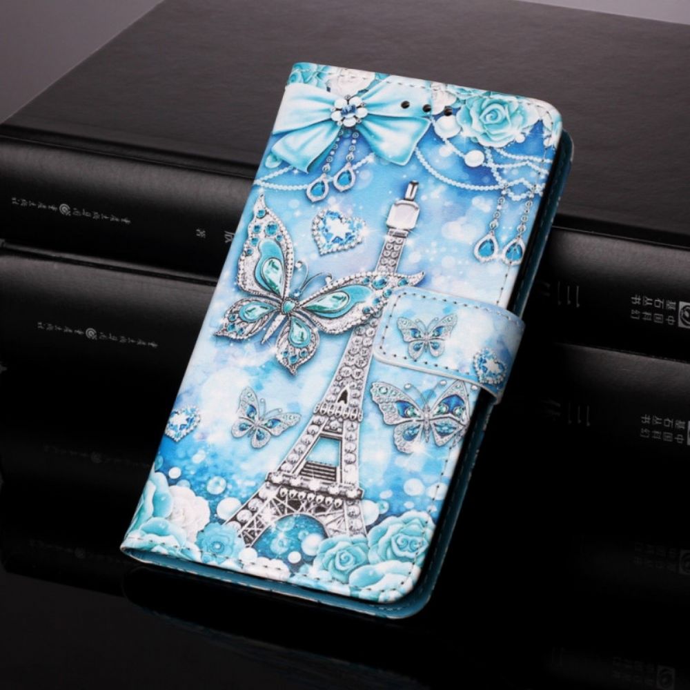 Leren Hoesje voor Samsung Galaxy S22 Plus 5G Met Ketting Eiffeltoren Vlinders Met Riem