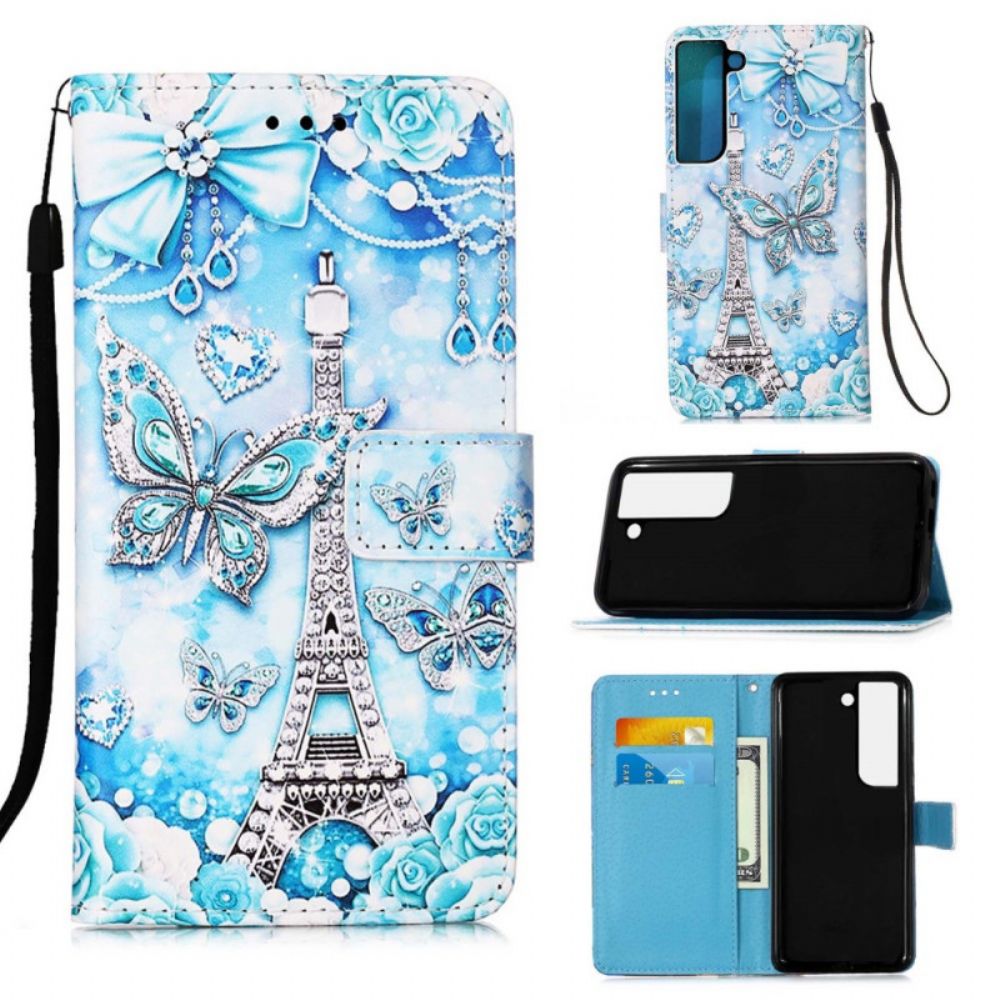 Leren Hoesje voor Samsung Galaxy S22 Plus 5G Met Ketting Eiffeltoren Vlinders Met Riem