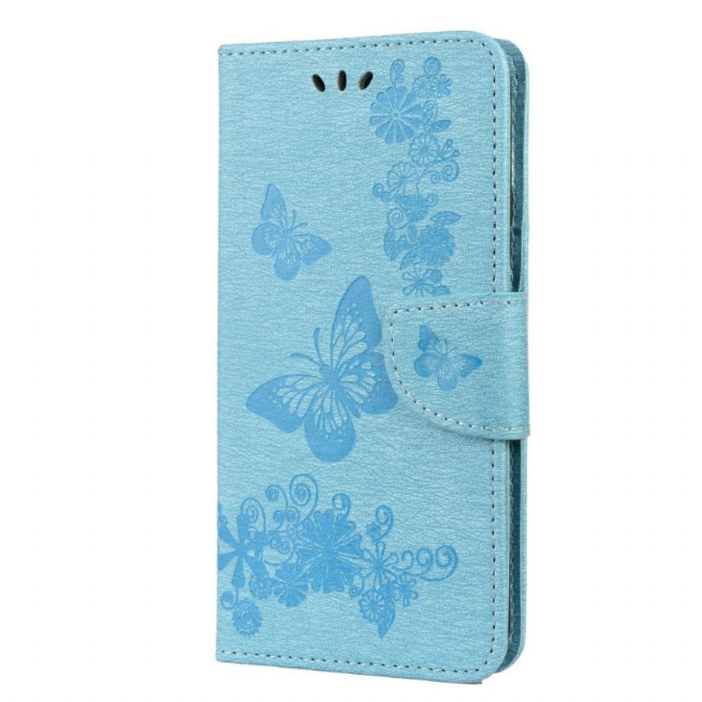 Leren Hoesje voor Samsung Galaxy S22 Plus 5G Met Ketting Prachtige Vlinders Met Riem