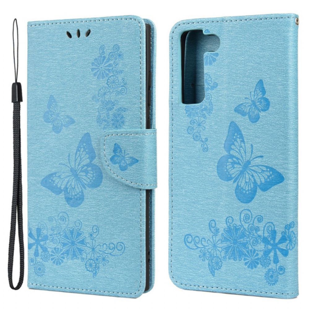 Leren Hoesje voor Samsung Galaxy S22 Plus 5G Met Ketting Prachtige Vlinders Met Riem