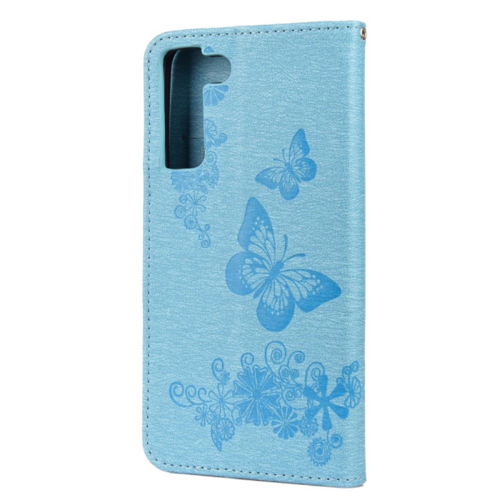 Leren Hoesje voor Samsung Galaxy S22 Plus 5G Met Ketting Prachtige Vlinders Met Riem