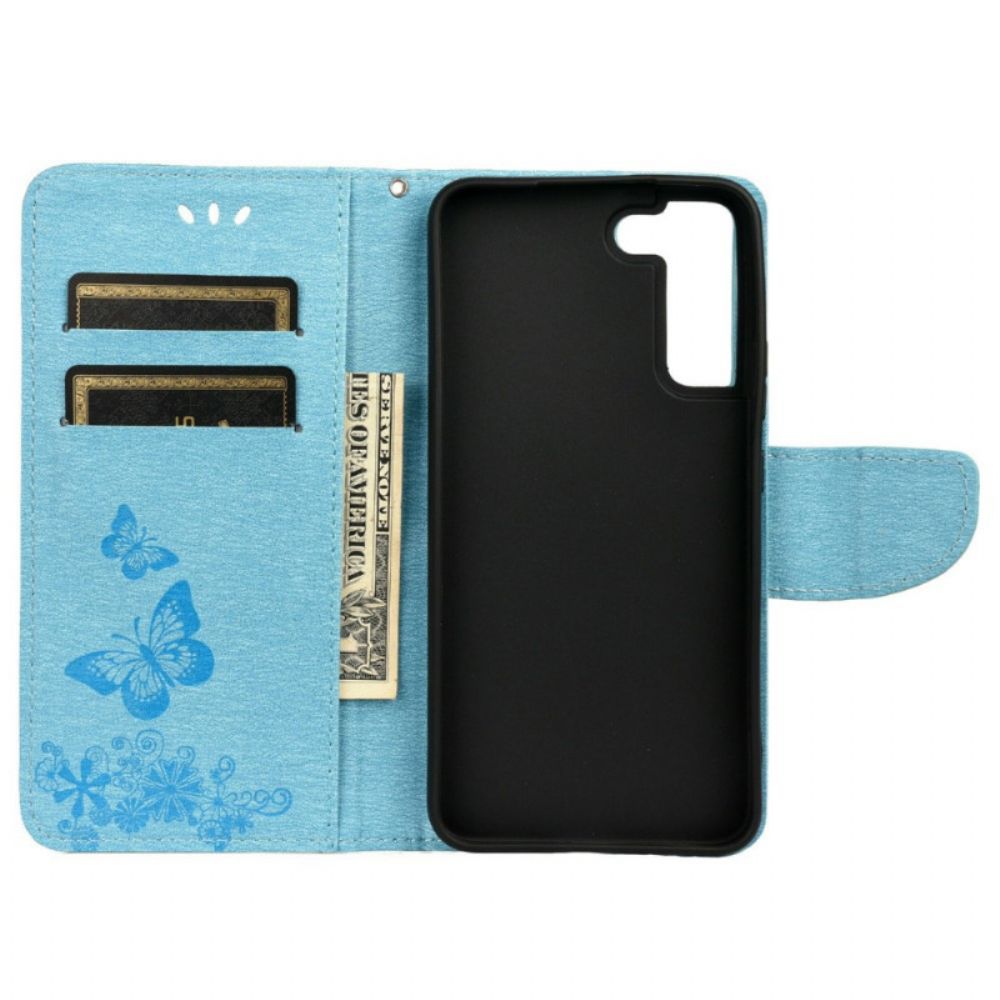 Leren Hoesje voor Samsung Galaxy S22 Plus 5G Met Ketting Prachtige Vlinders Met Riem