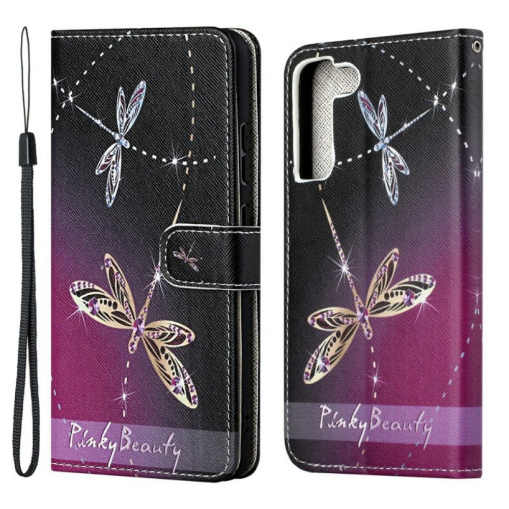 Leren Hoesje voor Samsung Galaxy S22 Plus 5G Met Ketting Thong Libellen