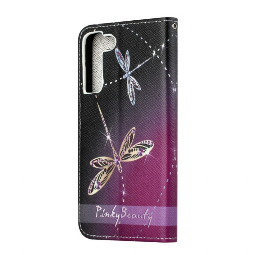 Leren Hoesje voor Samsung Galaxy S22 Plus 5G Met Ketting Thong Libellen