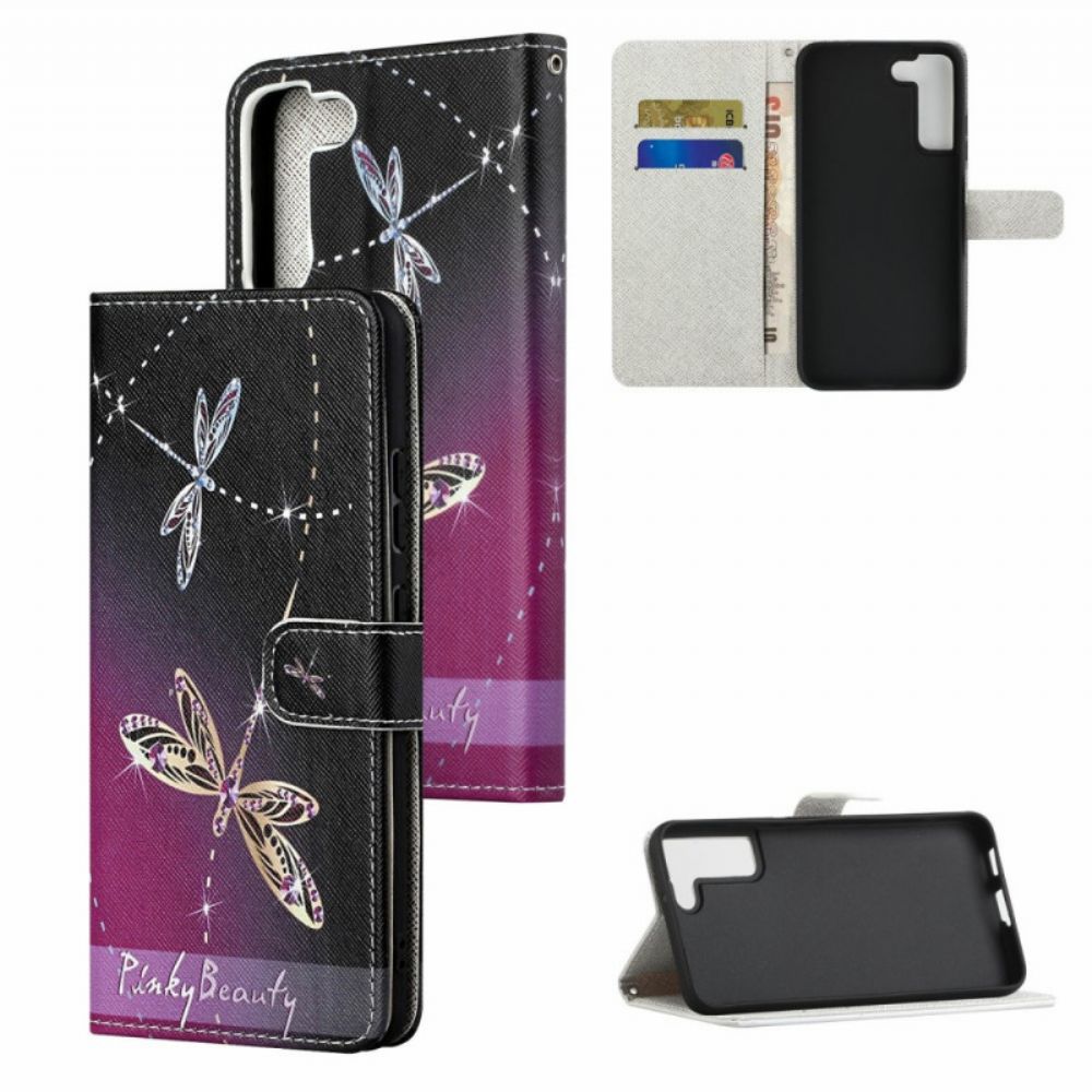 Leren Hoesje voor Samsung Galaxy S22 Plus 5G Met Ketting Thong Libellen