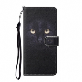 Leren Hoesje voor Samsung Galaxy S22 Plus 5G Met Ketting Zwarte Kattenogen Met Riem