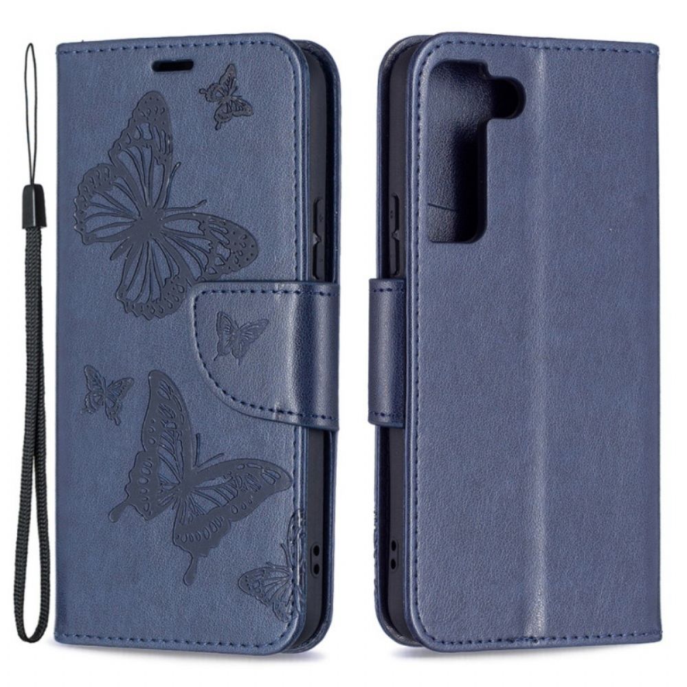 Leren Hoesje voor Samsung Galaxy S22 Plus 5G Vlinders Tijdens De Vlucht Met Lanyard