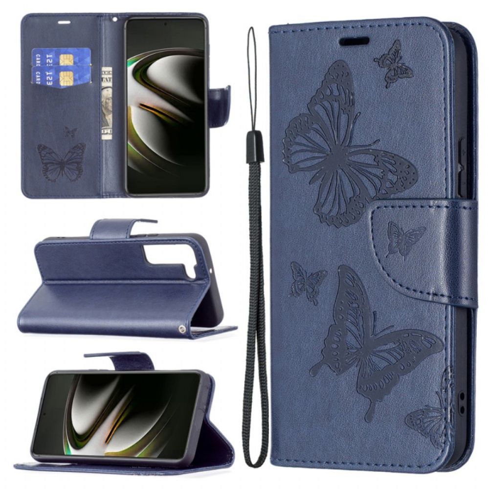 Leren Hoesje voor Samsung Galaxy S22 Plus 5G Vlinders Tijdens De Vlucht Met Lanyard