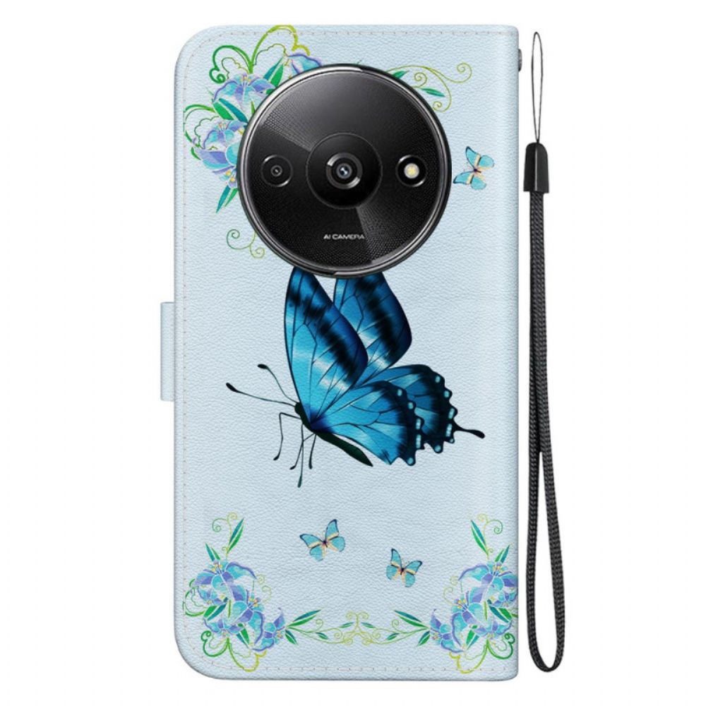 Bescherming Hoesje Poco C61 Blauwe Vlinder En Bloemen Met Riempje