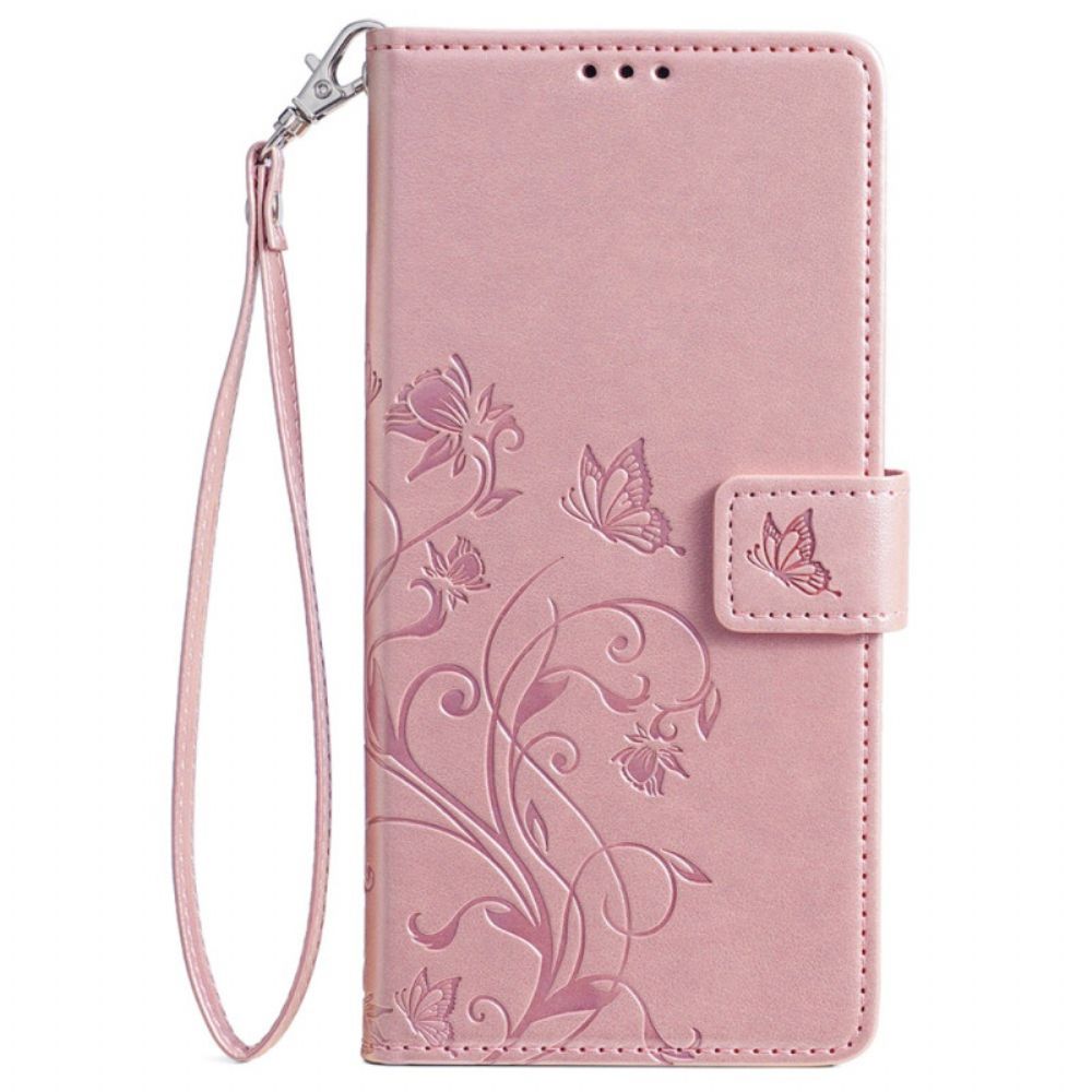 Bescherming Hoesje Poco C61 Bloemen- En Vlinderpatroon Met Riempje