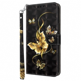 Folio-hoesje Poco C61 Gouden Vlinders Met Riem