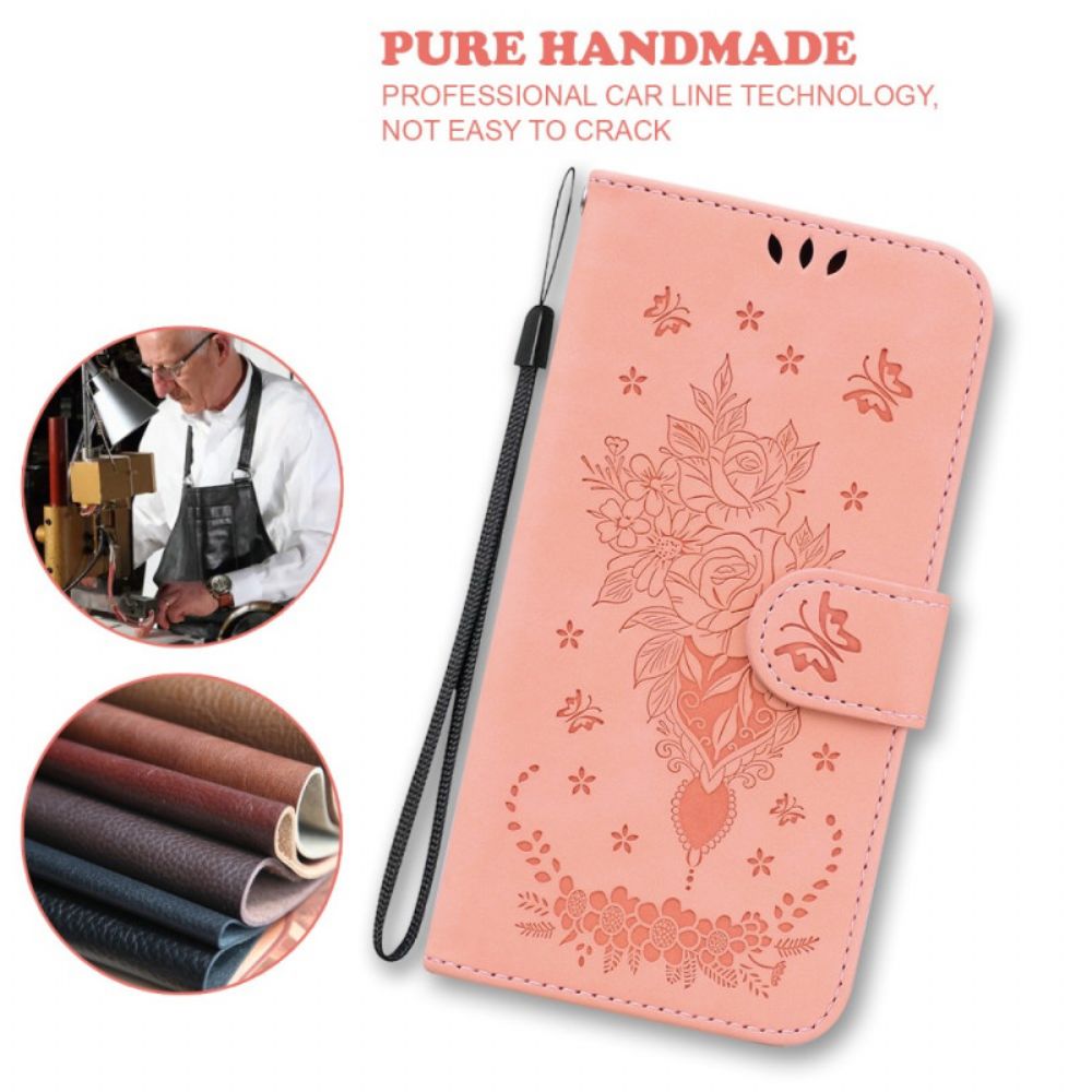 Folio-hoesje Poco C61 Rozen En Vlinders Met Riem