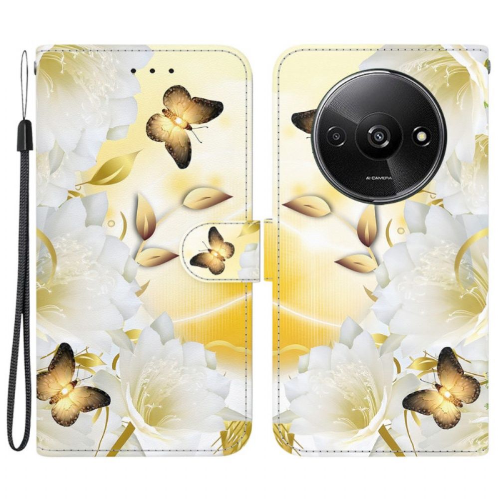 Folio-hoesje Poco C61 Telefoonhoesje Gouden En Witte Vlinders Met Riem