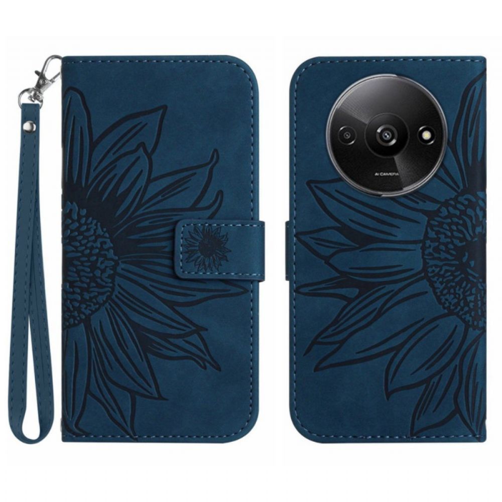 Leren Hoesje Poco C61 Zonnebloemprint Met Riempje Bescherming Hoesje