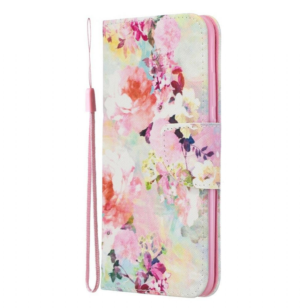 Leren Hoesje voor Honor 20 Lite / 20e Met Ketting Bloemen Ontdekking Met Riem