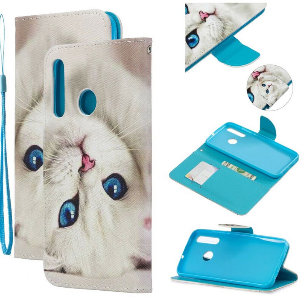 Leren Hoesje voor Honor 20 Lite / 20e Met Ketting Thong Blauwogige Kat