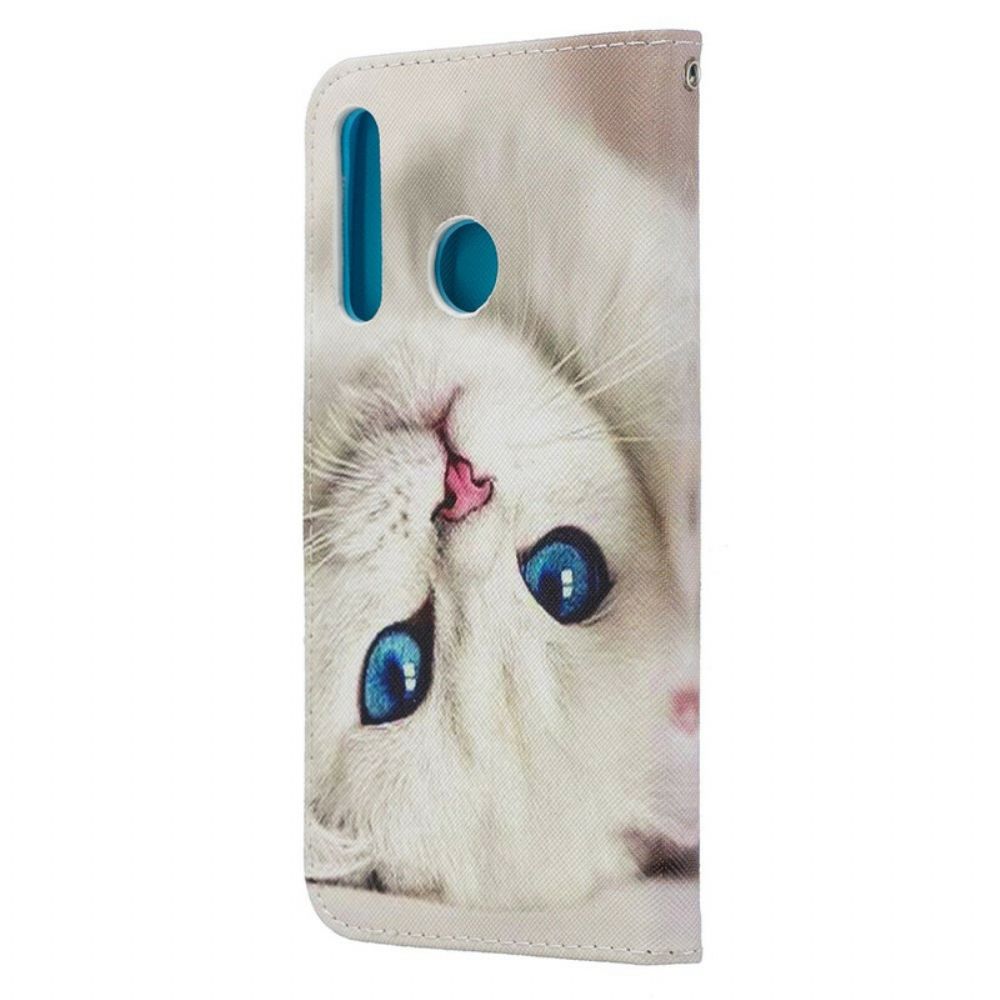 Leren Hoesje voor Honor 20 Lite / 20e Met Ketting Thong Blauwogige Kat