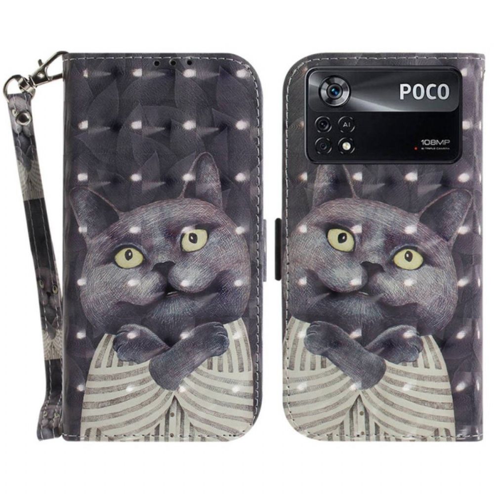 Flip Case voor Poco X4 Pro 5G Met Ketting Grijze Kat Met Bandjes