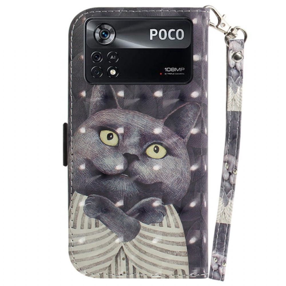 Flip Case voor Poco X4 Pro 5G Met Ketting Grijze Kat Met Bandjes