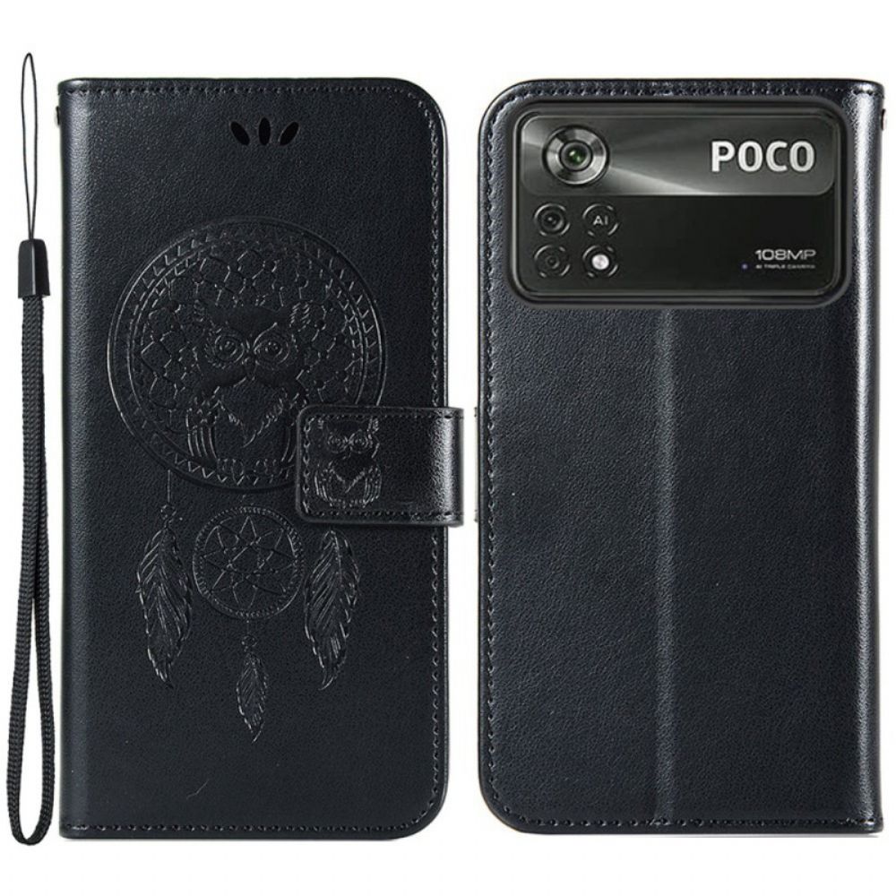 Flip Case voor Poco X4 Pro 5G Met Ketting Thong Uil Dromenvanger