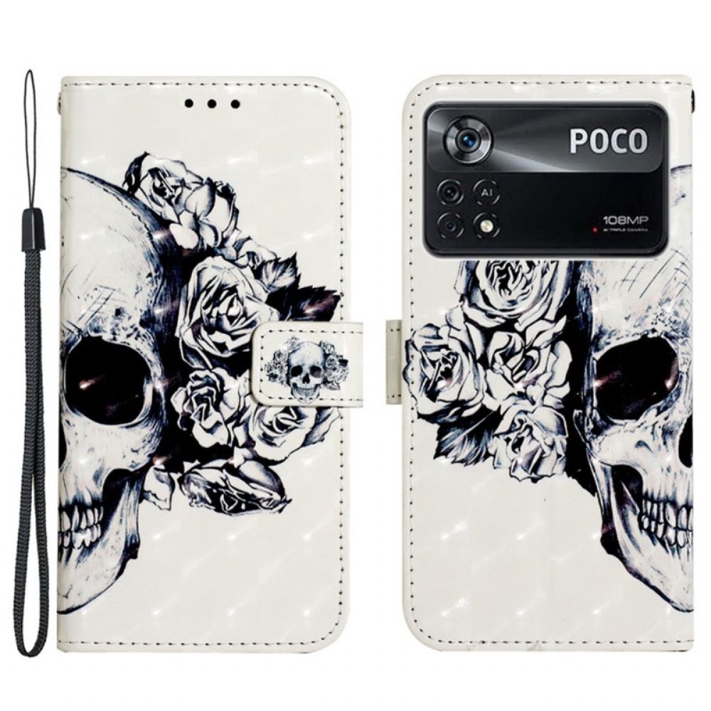 Folio-hoesje voor Poco X4 Pro 5G Met Ketting Bloemen Strappy Schedel