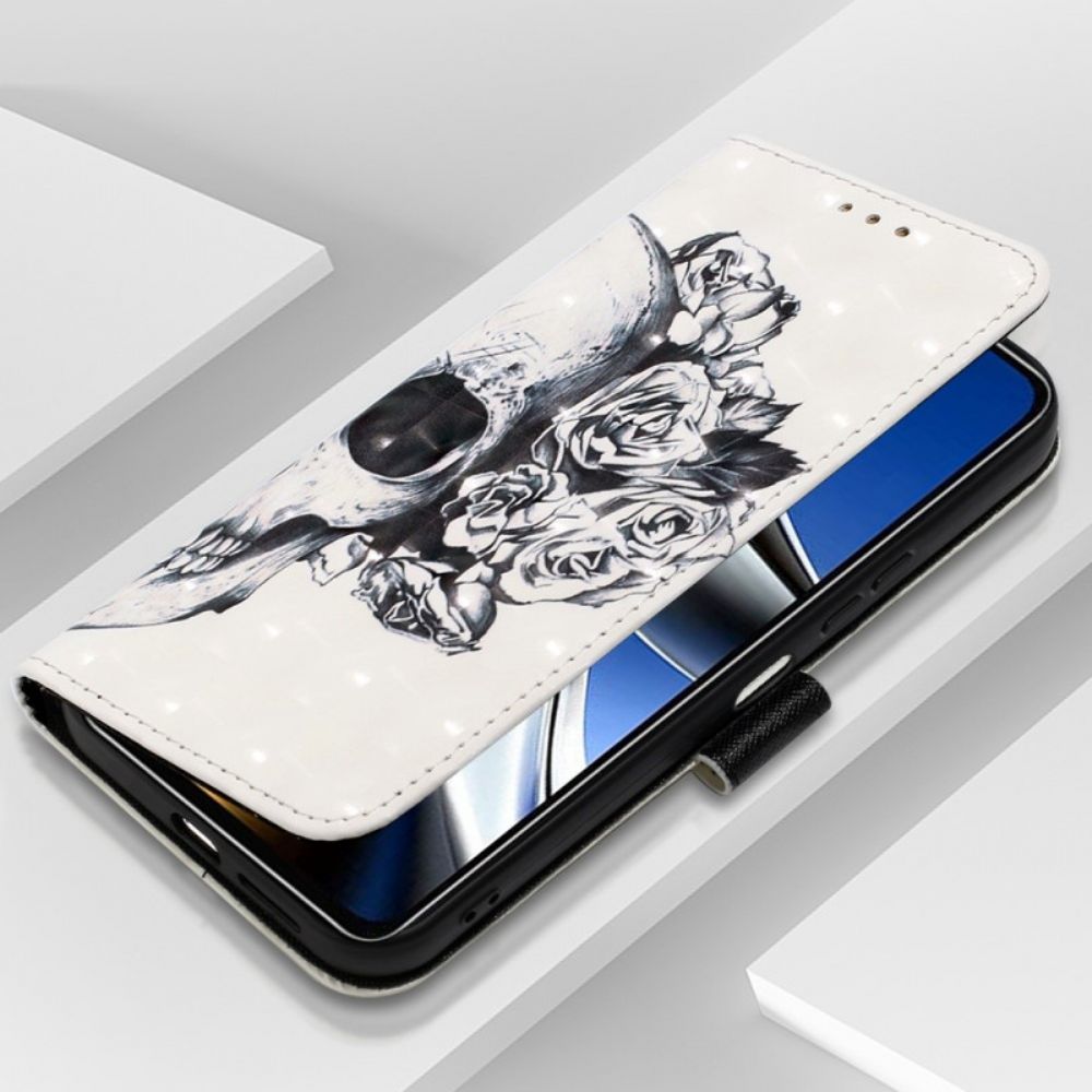 Folio-hoesje voor Poco X4 Pro 5G Met Ketting Bloemen Strappy Schedel