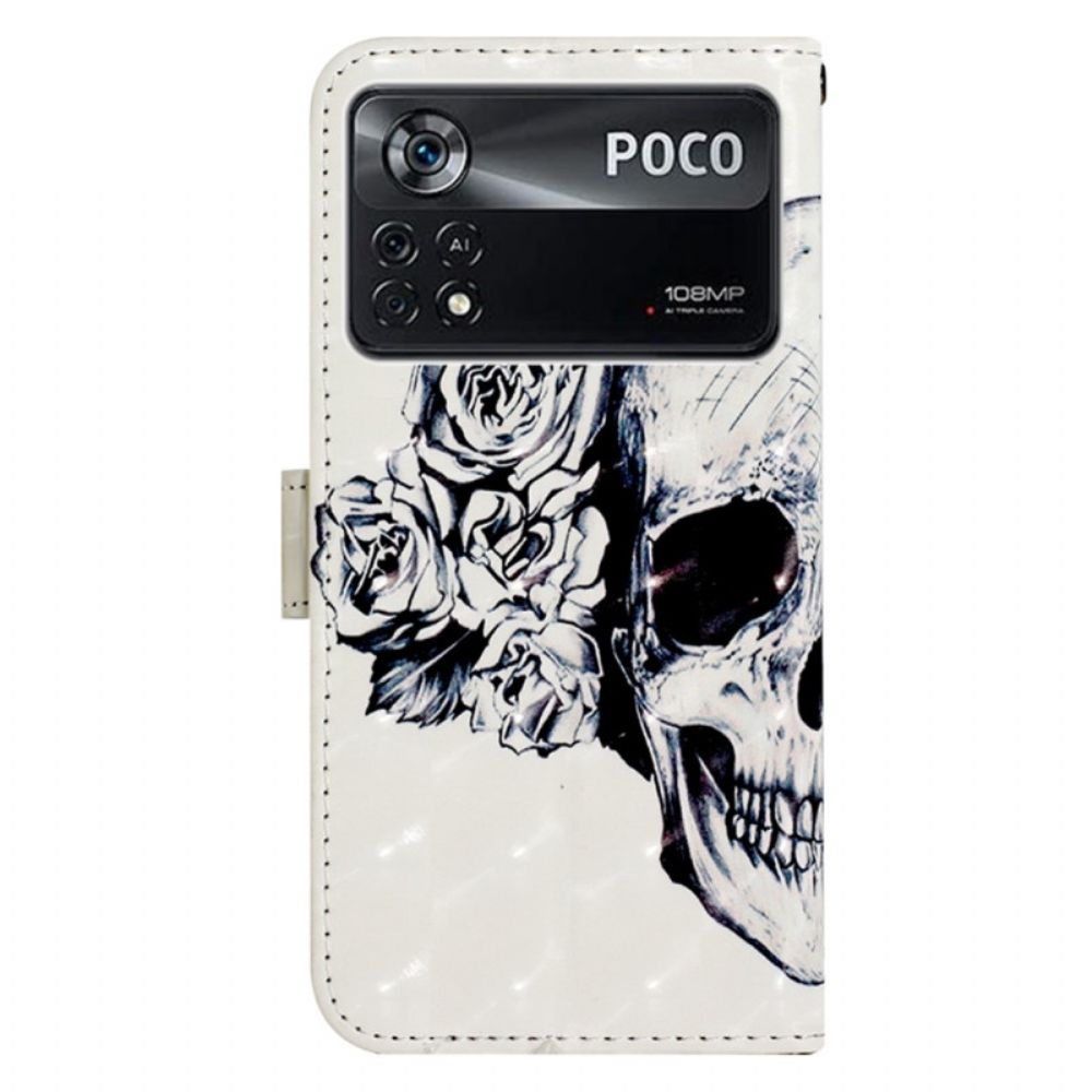 Folio-hoesje voor Poco X4 Pro 5G Met Ketting Bloemen Strappy Schedel